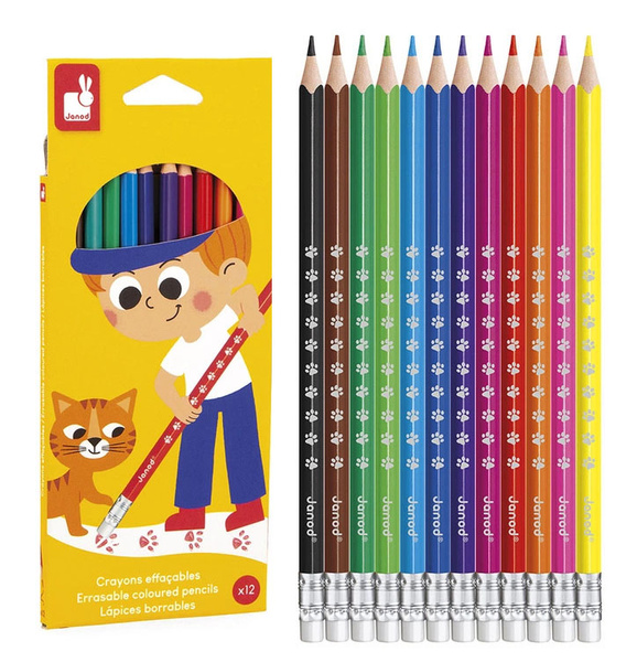 Zestaw kreatywny - Kredki ołówkowe zmazywalne z gumką, 3 lata+, Janod