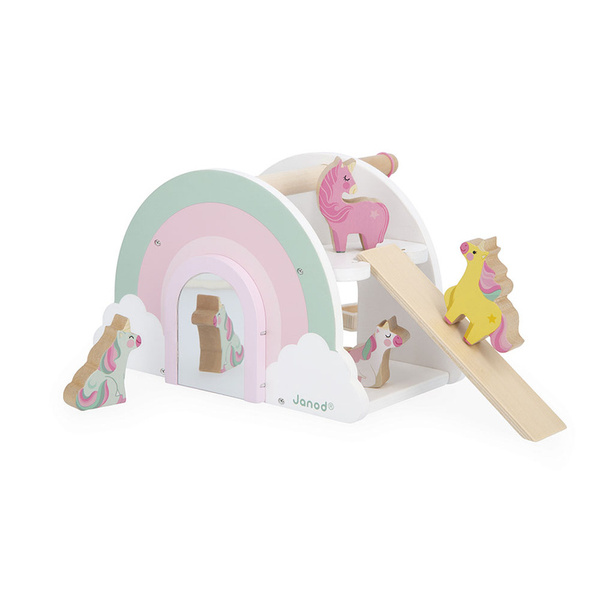 Drewniany domek jednorożców z 5 akcesoriami - zestaw dla dzieci 18m+, Janod