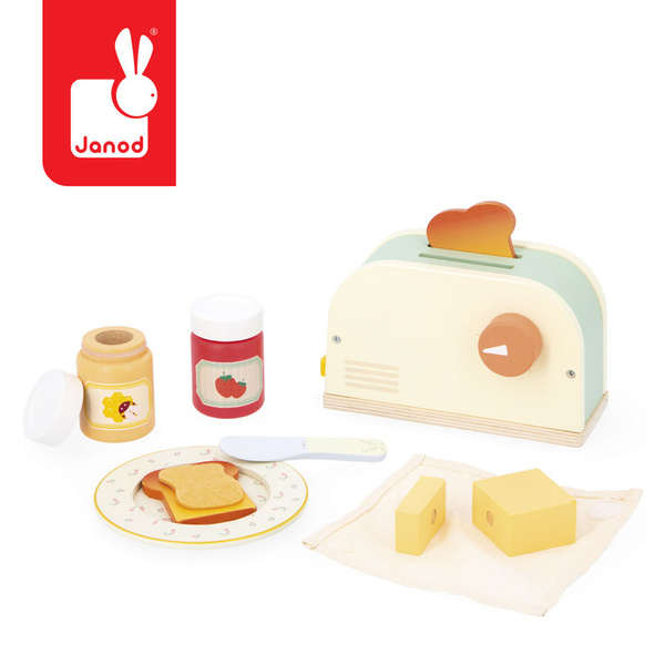 Drewniany zestaw śniadaniowy z tosterem i 12 akcesoriami, 3 lata+, Janod