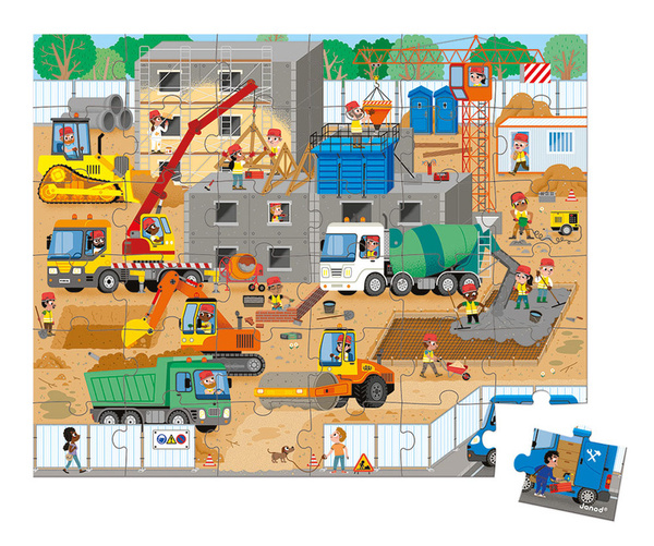 Puzzle w walizce Plac budowy, 36 elementów, dla dzieci, 4 lata+, Janod