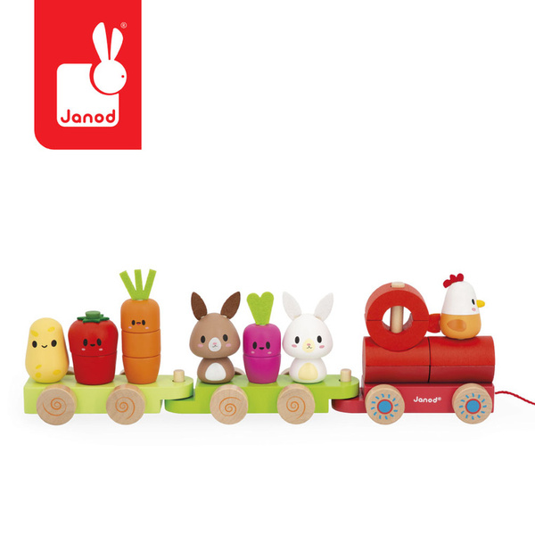 Zestaw drewniane klocki - pociąg z figurkami Farma, dla dzieci, 12 m+, Janod