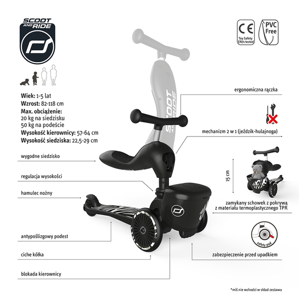 Scoot and Ride HK1 Lifestyle 2w1 jeździk i hulajnoga dla dzieci 1-5 lat, kolor: Zebra