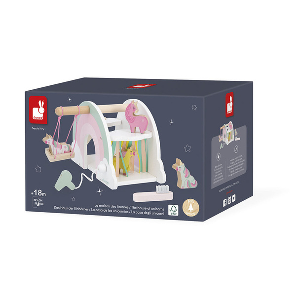 Drewniany domek jednorożców z 5 akcesoriami - zestaw dla dzieci 18m+, Janod