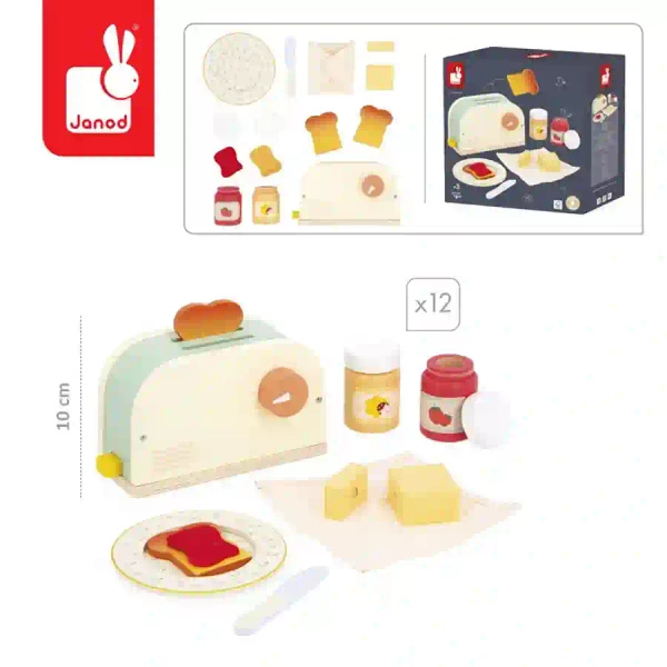 Drewniany zestaw śniadaniowy z tosterem i 12 akcesoriami, 3 lata+, Janod