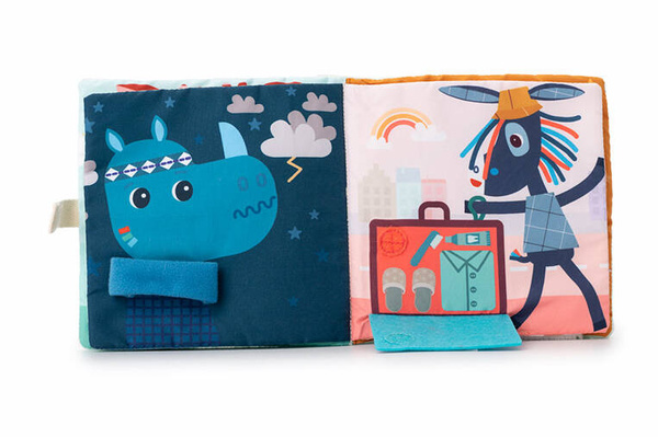 Miękka książeczka aktywizująca z mini-komforterem „Joe i jego przytulanka” 12 m+, Lilliputiens