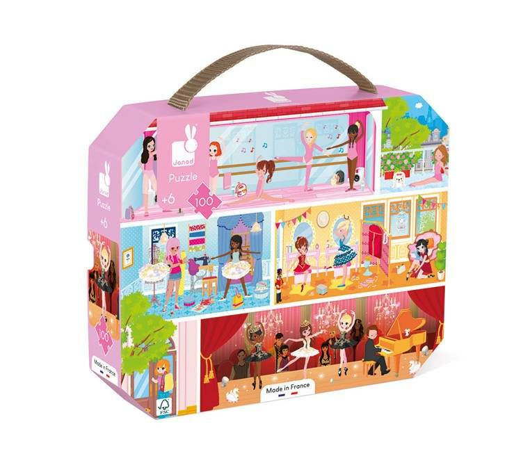 Puzzle w walizce Akademia tańca Janod 100 elementów - puzzle edukacyjne