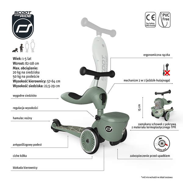 Zestaw: Scoot and Ride HK1 Lifestyle 2w1 jeździk i hulajnoga dla dzieci 1-5 lat, kolor: Green Lines + ochraniacze XXS, kolor: Ash
