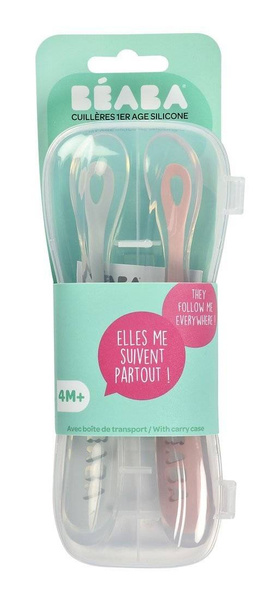 Zestaw 2 łyżeczek silikonowych w podróżnym etui 4 m+ Old Pink, Beaba