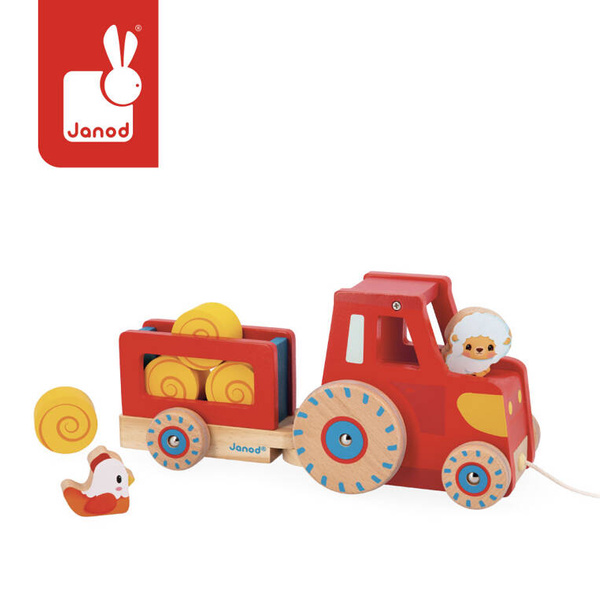 Drewniany traktor do ciągnięcia z przyczepką Farma dla dzieci 12 m+, Janod