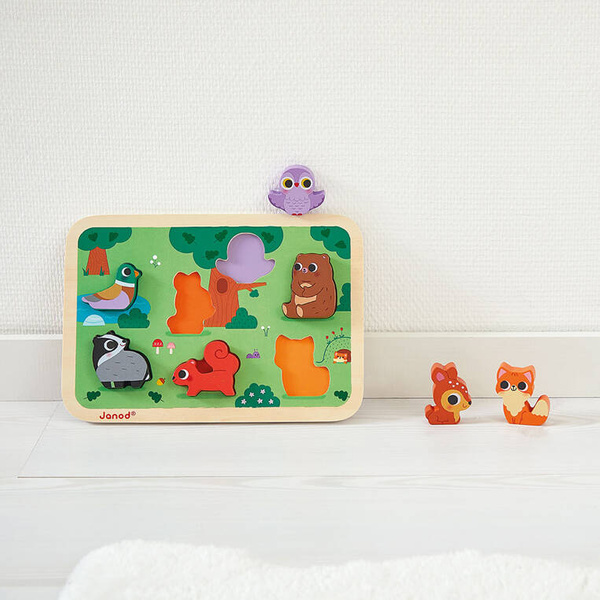 Puzzle drewniane 3D Zwierzęta leśne 7 elementów dla dzieci 18 m+, Janod