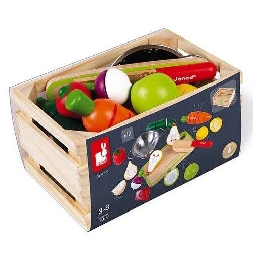 Drewniana skrzynka z warzywami i owocami do krojenia oraz akcesoriami 23 elementy, Janod