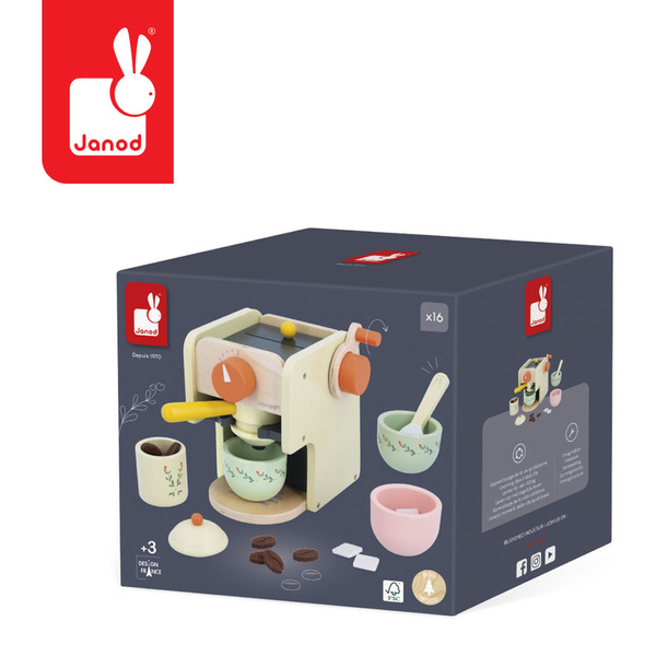 Drewniany ekspres ciśnieniowy do kawy z akcesoriami, dla dzieci, 3+, Janod