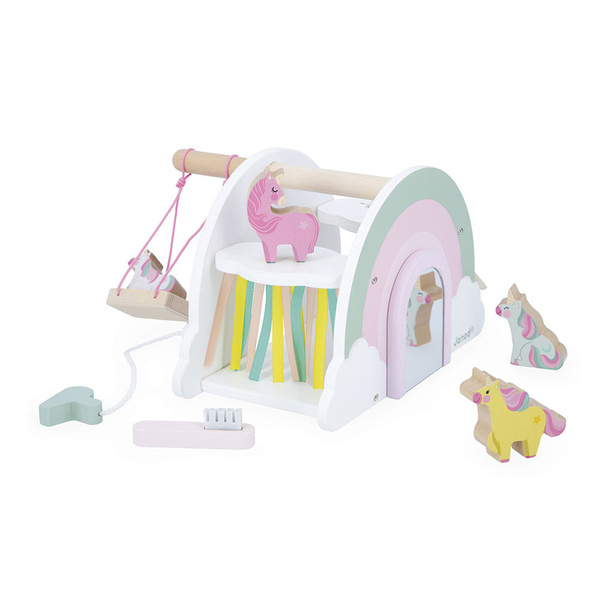 Drewniany domek jednorożców z 5 akcesoriami - zestaw dla dzieci 18m+, Janod