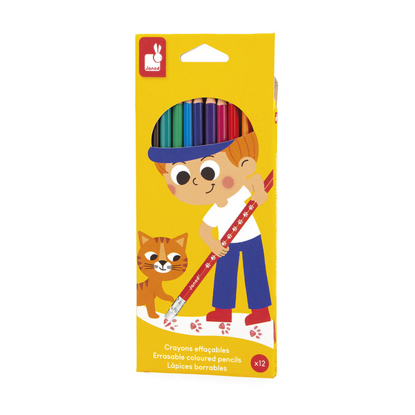 Zestaw kreatywny - Kredki ołówkowe zmazywalne z gumką, 3 lata+, Janod