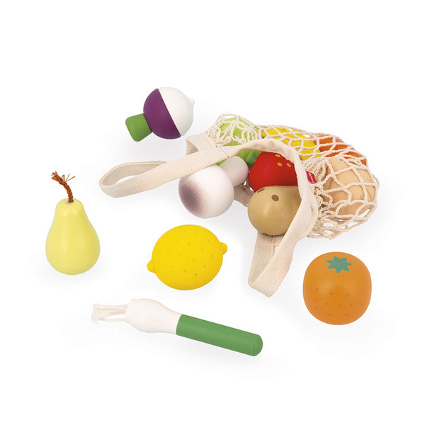 Zestaw drewnianych warzyw i owoców w siatce, dla dzieci, 3 lata+, Janod
