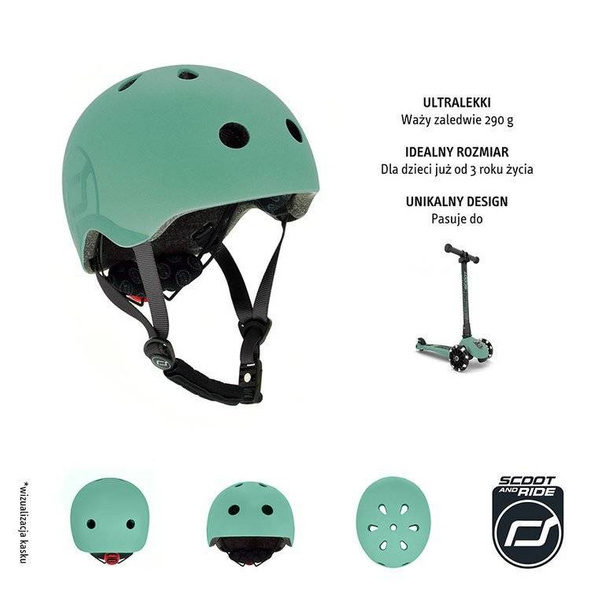 Zestaw: Scoot and Ride Kask dla dzieci 3+ rozm. S-M, kolor: Forest + ochraniacze rozm. S, kolor: Ash