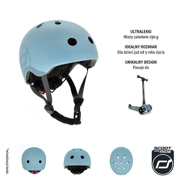 Zestaw: Scoot and Ride HK5 Hulajnoga dla dzieci 5+ trójkołowa z kółkami LED, kolor: Steel + kask rozm. S-M