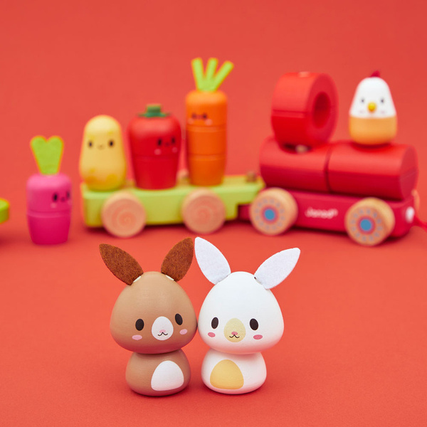 Zestaw drewniane klocki - pociąg z figurkami Farma, dla dzieci, 12 m+, Janod