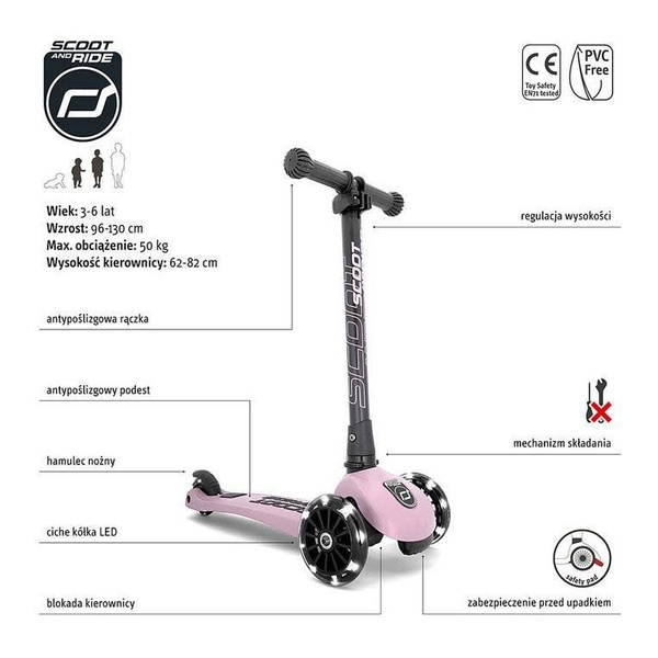 Scoot and Ride HK3 Hulajnoga dla dzieci 3+ z kółkami LED, kolor: Rose