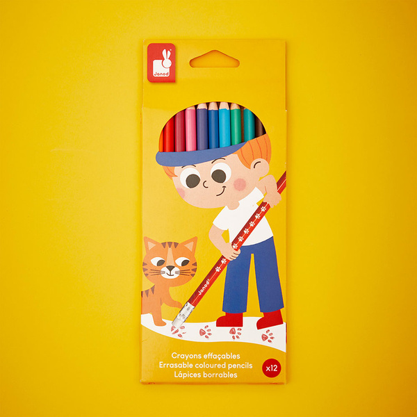 Zestaw kreatywny - Kredki ołówkowe zmazywalne z gumką, 3 lata+, Janod
