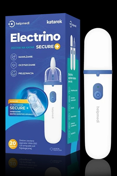 Zestaw Electrino Secure+: Elektryczny aspirator kataru HelpMedi Electrino oraz sól fizjologiczna Katarek Secure+