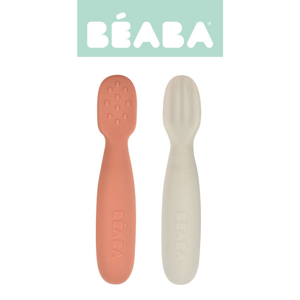 Zestaw 2 silikonowych łyżeczek-gryzaków Terracotta/velvet grey 4 m+, Beaba