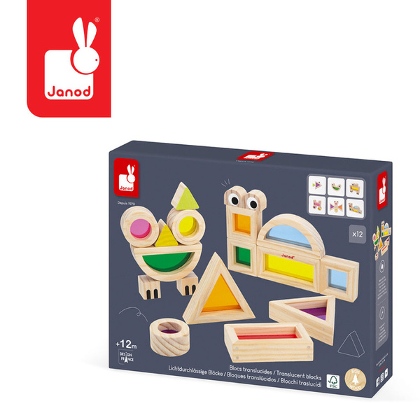 Klocki drewniane - przeźroczyste kolorowe sensoryczne, 12 m+, Janod
