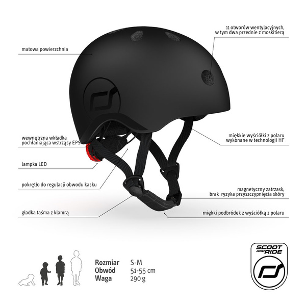 Zestaw: Scoot and Ride Kask dla dzieci 3+ rozm. S-M, kolor: Black (czarny) + ochraniacze rozm. S
