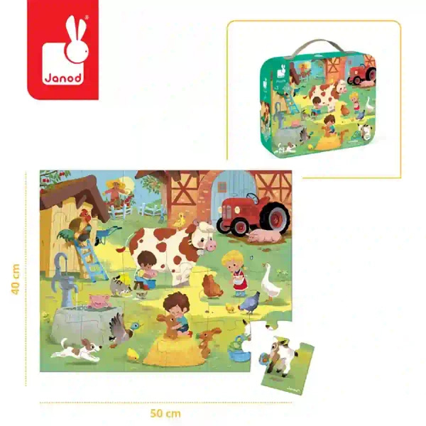 Puzzle w walizce Dzień na farmie, 24 elementy, dla dzieci, 3 lata+, Janod