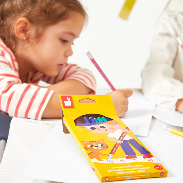 Zestaw kreatywny - Kredki ołówkowe zmazywalne z gumką, 3 lata+, Janod