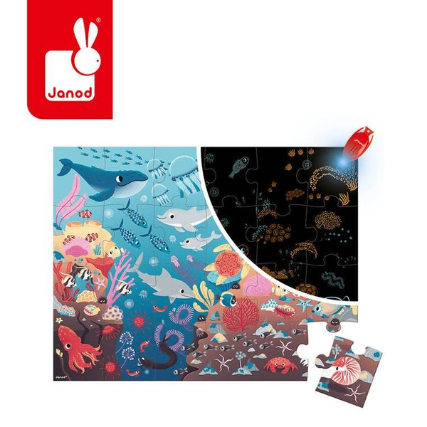Świecące puzzle z mini-lampką UV Ocean 24 elementy 3+, Janod