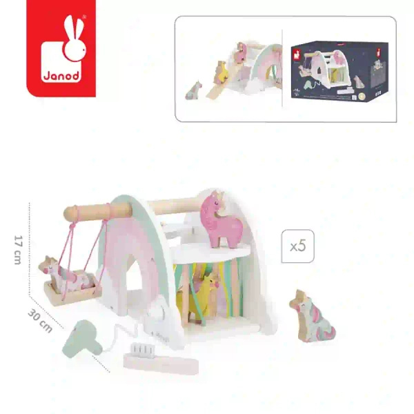 Drewniany domek jednorożców z 5 akcesoriami - zestaw dla dzieci 18m+, Janod