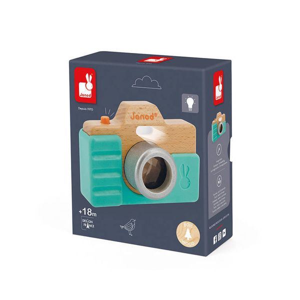 Drewniany aparat fotograficzny dla dzieci z dźwiękiem i lampą błyskową 18 m+, Janod
