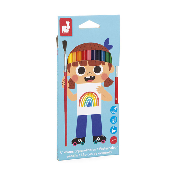 Zestaw kreatywny - Kredki akwarelowe z pędzelkiem 12 kolorów 3 lata+, Janod