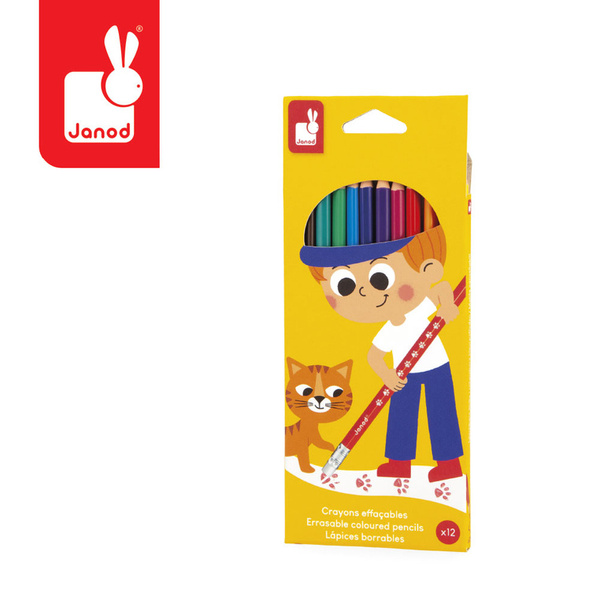 Zestaw kreatywny - Kredki ołówkowe zmazywalne z gumką, 3 lata+, Janod