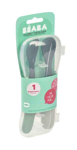 Zestaw 2 łyżeczek silikonowych w podróżnym etui 4 m+ Mineral grey/Sage green, Beaba