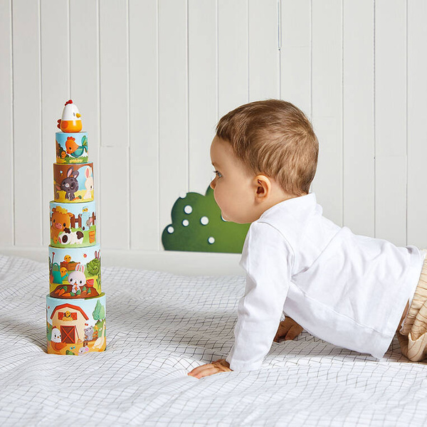 Piramida wieża Farma Kurka 6 elementów - zabawka dla dzieci 12 m+, Janod