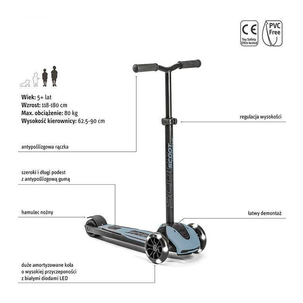 Zestaw: Scoot and Ride HK5 Hulajnoga dla dzieci 5+ trójkołowa z kółkami LED, kolor: Steel + kask rozm. S-M
