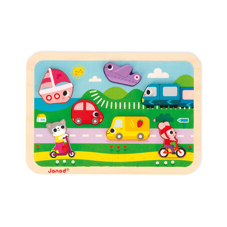Puzzle drewniane 3D Pojazdy Janod – zabawka edukacyjna dla dzieci 18m+