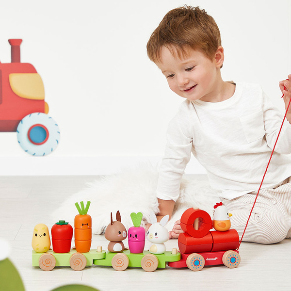 Zestaw drewniane klocki - pociąg z figurkami Farma, dla dzieci, 12 m+, Janod