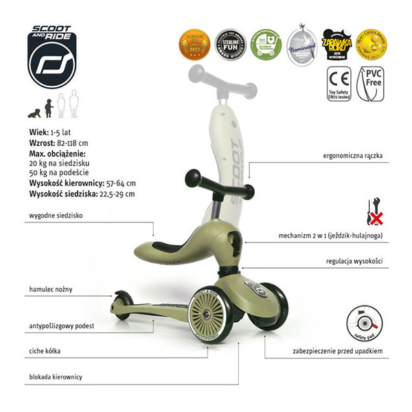 Scoot and Ride HK1 2w1 jeździk i hulajnoga dla dzieci 1-5 lat, kolor: Olive