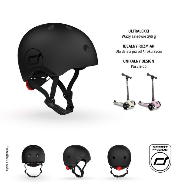 Zestaw: Scoot and Ride Kask dla dzieci 3+ rozm. S-M, kolor: Black (czarny) + ochraniacze rozm. S