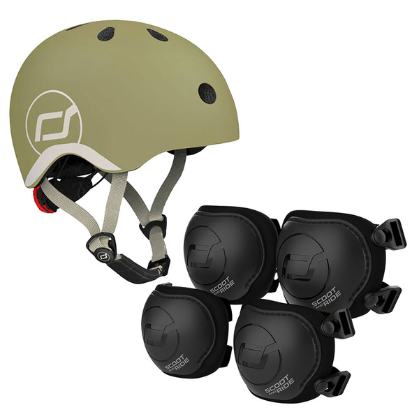 Zestaw: Scoot and Ride Kask dla dzieci 1-5 lat rozm. XXS-S, kolor: Olive + ochraniacze rozm. XXS, kolor: Black