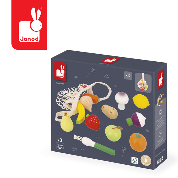 Zestaw drewnianych warzyw i owoców w siatce, dla dzieci, 3 lata+, Janod