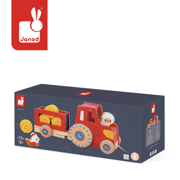 Drewniany traktor do ciągnięcia z przyczepką Farma dla dzieci 12 m+, Janod