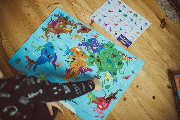 Puzzle Świat dinozaurów z elementami w kształcie dinozaurów 80 elementów 5+, Mudpuppy