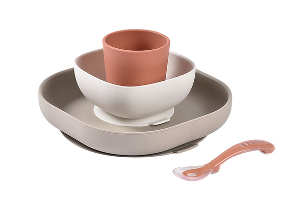 Zestaw - Komplet naczyń silikonowy z przyssawką, dla dzieci, 4 m+, Beaba