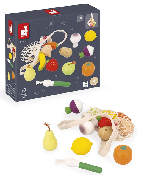 Zestaw drewnianych warzyw i owoców w siatce, dla dzieci, 3 lata+, Janod