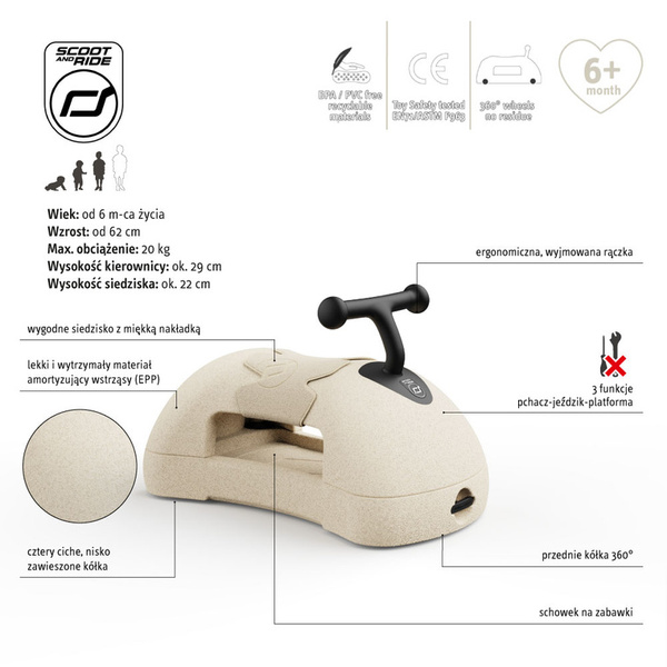 Scoot and Ride My First 3w1 pchacz, jeździk i deska na kółkach dla dzieci 6 m+, kolor: Sand
