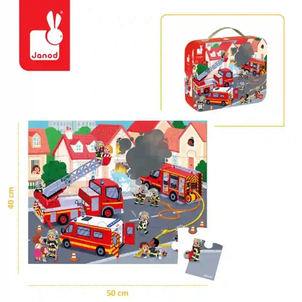 Puzzle w walizce Strażacy 24 elementy, dla dzieci, 3 lata+, Janod